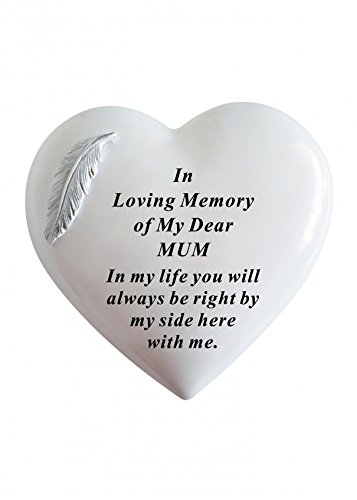 Mum - White & Silver Angel Feather Memorial Heart Tribute, Grave Remembrance Ornament