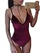 OQC Women's Plunge V Neck Backless Strap Tight Velvet Bodysuit Jumpsuit Leotard, Wine Red, Small