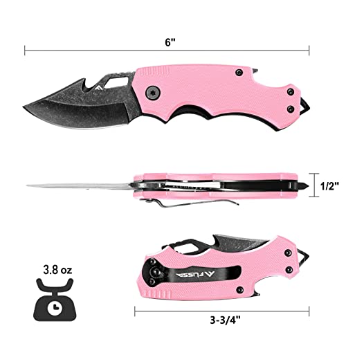 Flissa Mini Folding Pocket Knife, 2.5-Inch Stainless Steel Drop Point Blade, EDC Pocket Knives for Women with Bottle Opener and Glass Breaker (Pink)