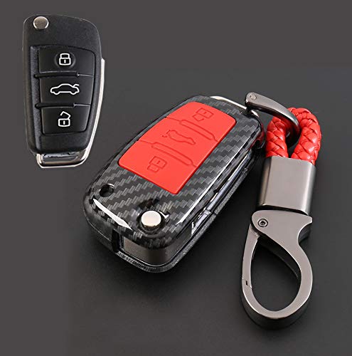 ontto fit for Audi Carbon Fiber Key Case Cover Key Chain Ring Protective Remote Control Case Shell for Preventing Falling Scratch with Hight Quality ABS & Natural Rubber Carbon Red