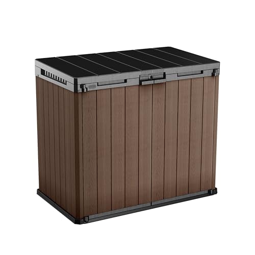 KETER Store-It-Out Darwin Mülltonnenbox, 1150L Gartenbox mit Holz-Look, Aufbewahrungsschrank für 2X 240L Mülltonnen, abschließbar, wetterbeständig, br