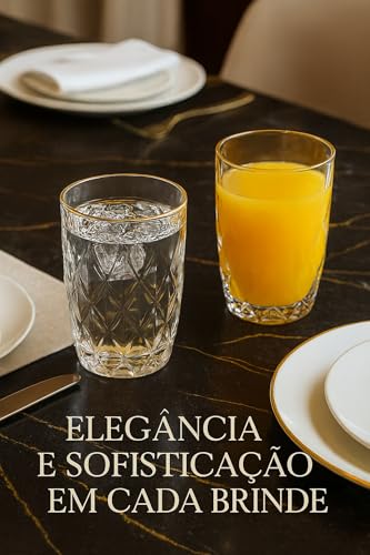 Conjunto 6 Copos de Vidro Lapidado com Borda Dourada, Fio de Ouro – 350 ml | Copos Elegantes para Água, Sucos e Drinks Sofisticados