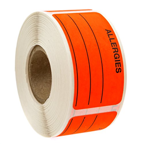 Allergies Sticker with Dispenser Box / 250 Allergy Stickers/Fluorescent Red Warning 1.125" x 2.25" Label