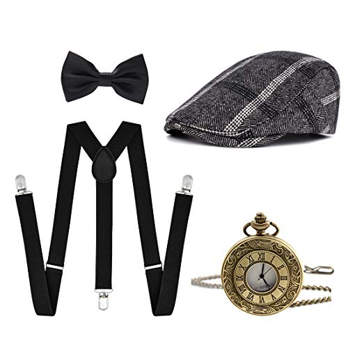 Ziyoot Men's 1920s Accessories Gatsby Gangster Costume Set Gangster Beret Y-Back Suspender (04 Black White)