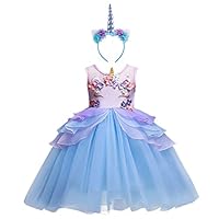 Little Girls Kids Flower Unicorn Birthday Halloween Cosplay Fancy Costume Tutu Dress up Lace Tulle Pageant Party Princess Dance Evening Gown Outfits Clothes Blue & Headband 3-4