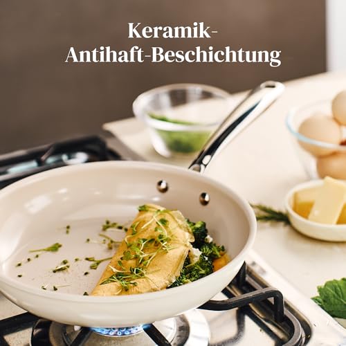 Redchef Ceramic Induction Pan Set, 6 Pieces, Non-Stick Frying Pans 20 24 28 cm with Lid for All Types of Cookers, Stainless Steel Handle, PTFE-Free, PFAS Free, PFOA-Free, Oven-Safe, Dishwasher Safe (Beige)