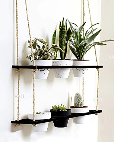 VAH Wood Hanging Planter Shelf Plant Hanger Flower Pot Rack with Rope Home Decor Hanging Planter-Plant Stand-Vertical Planter-Planter Rack (2 Tier Pot, Black)