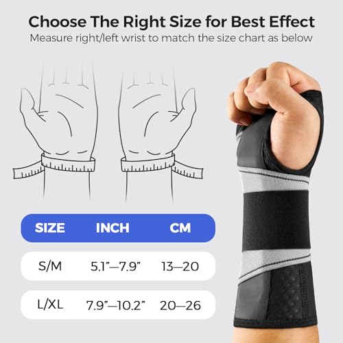 FREETOO Carpal Tunnel Wrist Brace Pro, Single-Pull Wrist Support for Sleeping with S Shape Splint, Lightweight Hand Brace for Women Men, Tendonitis, Arthritis Pain Relief, Black/Light Gray(Right,S/M)