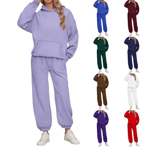 Sweat Suits For Womens 2 Piece Lounge Sets Hoodies And Baggy Sweatpants Tracksuit With Pockets Fall Fashion Clothes #A01-Purple S