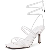 Shoe Land Women's Strappy Heels – Square Open Toe Lace-Up Heeled Sandals with Adjustable Ankle Wrap, Comfy 3-Inch Stiletto Dressy Evening High Heels for Wedding & Party