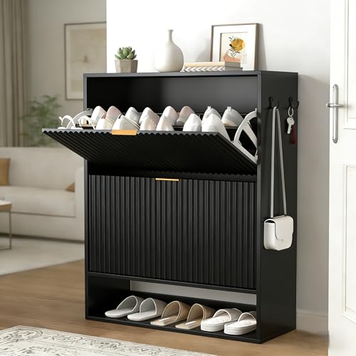 Shoe Cabinet Storage for Entryway with 2 Flip Drawers, Black Fluted Shoe Cabine…