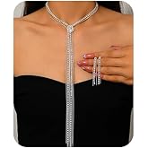 Hanfluenve Rhinestone Bridal Wedding Jewelry Sets for Women Silver Long Crystal Knot Necklace Earrings Set Sweater Chain Formal Costume Jewelry for Dressy Party