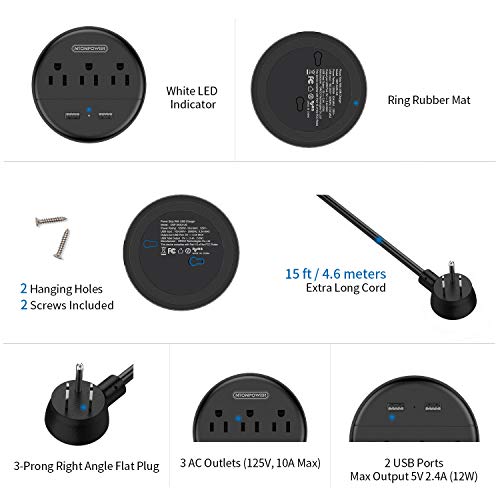 image for Power Strip with USB - NTONPOWER Travel Power Strip Flat Plug, 15ft Ex