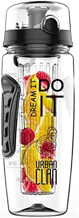 UrbanClan Fruit Infuser Water Bottle 1000 ml – Premium Quality BPA Free Tritan Material || Full Length Infusion Rod (Black) || Fruit Water Recipes eBook Gift || Motivational Time Markings Helps You Hydrate || Perfect Valentines day gift for your family