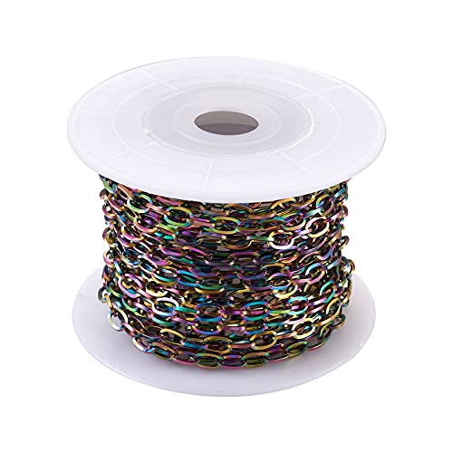 16.4 Ft Stainless Steel Cable Chains 3.5x6.5mm Rainbow Unwelded Flat Oval Cross Link Chain Roll with Spool for Necklace Jewelry Making (Multi Color)