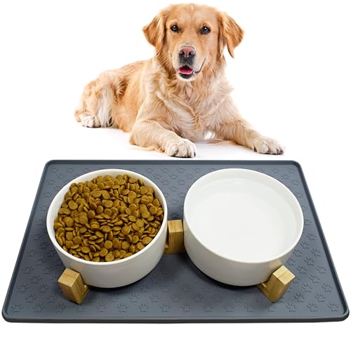 Nesirooh Hundenapf Keramik Doppel Futternapf Fressnapf Futterschüssel Wassernapf mit Bambus Ständer und Rutschfester Matte für Mittelgroße Hunde (850ml, 2-Weiß)