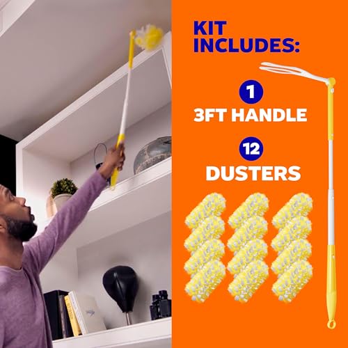 SWIFFER DUSTER HEAVY DUTY DUSTING KIT, CLEANING SUPPLIES, 3 FT EXTENDED HANDLE, 1 DUSTER, 12 REFILLS