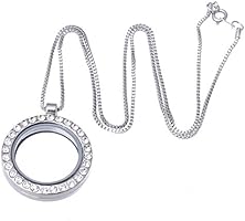 RUBYCA Living Memory Floating Charm Round Glass Locket Pendant Necklace 20 Inches 1pcs Silver Tone White Crystal