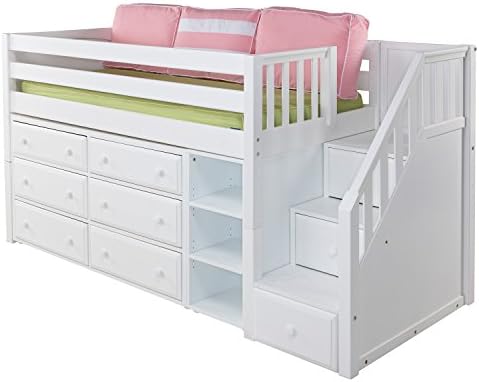 Maxtrix Solid Hardwood Twin-Size Low Loft Bed with Storage Staircase Entry, Bookshelf and 6 Drawer Dresser, White