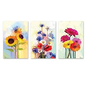 3 Panel Canvas Wall Art - Oil Painting Style Colorful Flowers - Giclee Print Gallery Wrap Modern Home Art Ready to Hang - 16"x24" x 3 Panels