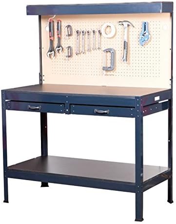 Best Selling Cheap 4' Steel Lighted Workbench With Tool Organizer Pegboard- Super Duty Durable With Built-In Power Strip- Spacious Wood Top Work Surface Two Sliding Drawers- Roomy Lower Storage Shelf