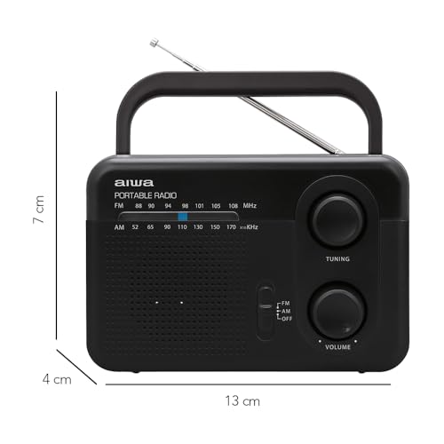 Aiwa Radio Analógico Portátil AWFML4 Am 520-1710 kHz FM 87.5-105 MHz Altavoz 3″ AUX, Bateria Recargable, Antena, Entrada de Auriculares 3.5 mm Color Negro