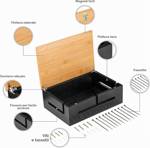 Bamboo Cable Management Box 32×20×11cm - Magnetic Lid - Cable Organizer Wall Mount with Accessories Included - Cable Storage Box for Office, TV and Home Office (White)