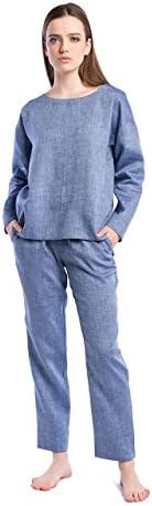ETNODIM Women's Pajamas Set Sleepwear Linen Sleep Full Length Long Sleeve Nightgown Pants Pajama Sets Blue Beige