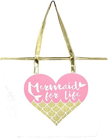 "Mermaid for Life" Gold Metallic Handle Tote Bag, 20" X 14" X 6".