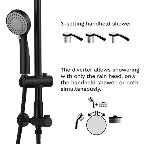 Polaris III Retrofit Rain Shower System, 3-Setting Handheld Shower Combo with Slide Bar, 8" Low Profile Shower Head for Low-Ceiling Bathrooms, 9-Inch Vertical Extension Pipe (Oil Rubbed Bronze)