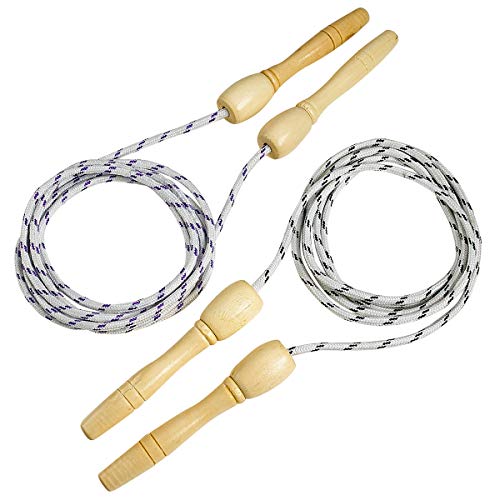 Kicko Jump Rope for Kids - Pack of 2 Assorted Color Adjustable Playing Rope in Woven Nylon and Wooden Grips - Ideal for Crossfit Equipment, School Supplies, Event