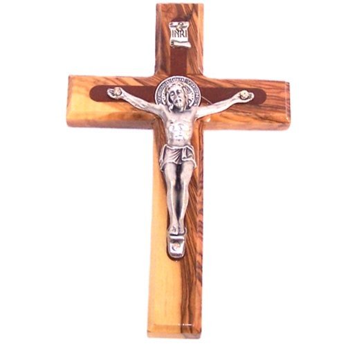Holy Land Market Two Tone Saint Benedict Crucifix Olive Wood from Bethlehem with Top Grade Corpus and Saint Benedict Medal from Front and Back (5.5 Inches)