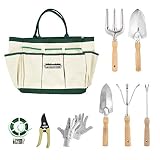 GardenHOME 9 Piece Garden Tools Set for Women Or Men Stainless Steel Heavy Duty kit with Gloves and Bag, Light Grey