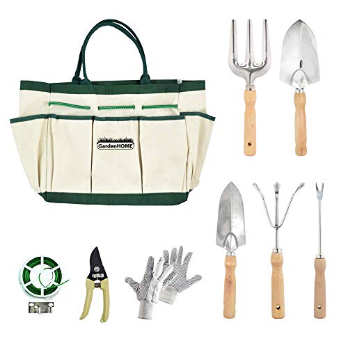 GardenHOME 9 Piece Garden Tools Set for Women Or Men Stainless Steel Heavy Duty kit with Gloves and Bag, Light Grey
