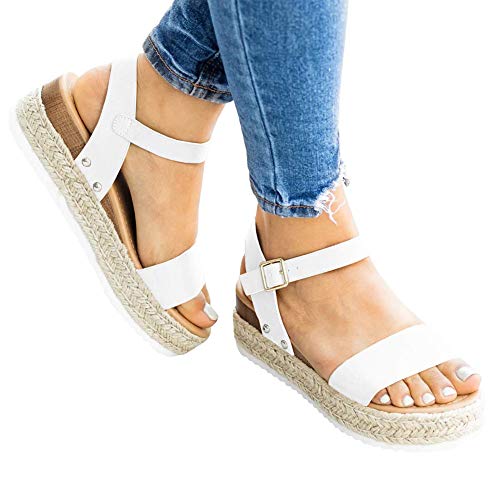 Ecolley Casual Sandals for Women Sexy Plain Ankle Strap Open Toe Espadrille Platform Size 42 - Thumbnail 2