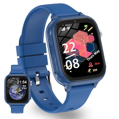 pmstuy Children's GPS Smart Watch, 4G Teen Smart Watch with Telephone, Video Call, WiFi, Bluetooth, SOS, Class Mode, Face ID, App Store, Whatsapp, Alarm Clock, IP68 Smartwatch Children Gifts (Blue)