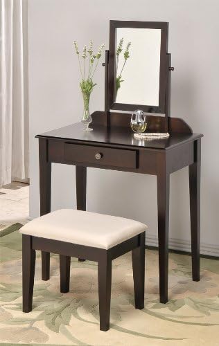 Contemporary Vanity Set with Adjustable Mirror and Stool Espresso Finish