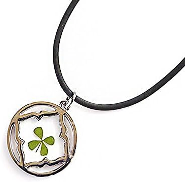 Black Cord Real Irish Four Leaf Clover Good Luck Symbol Square in Circle Pendant Necklace, 16-18"