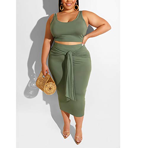 Womens Sexy Plus Size Two Piece Outfits - Floral Print Tank Tops + Belted Summer Bodycon Long Dresses Skirts Set Army Green Solid 3XL