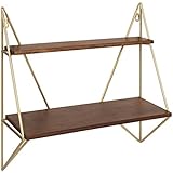 Estante de pared flotante de dos niveles moderno decorativo de mediados de siglo de Kate y Laurel Melita con marco dorado y madera maciza, acabado en nogal