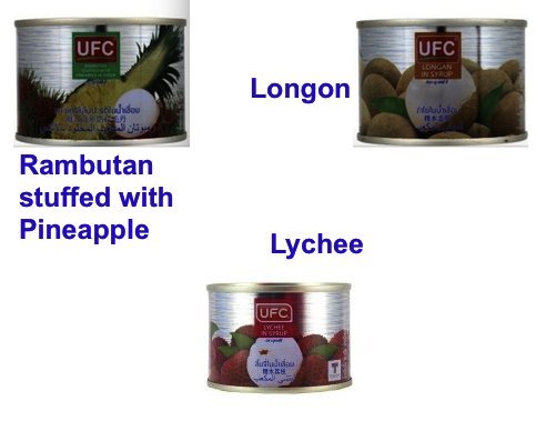 Thai Tropical Fruits- Mix ,UFC Rambutan stuffed with Pineapple in Syrup-6 Oz;sweet crunchy flavours,Longon in Syrup- 6 Oz;have a tender sweetness and soft yet crunchy textures,Lychee in Syrup 6 Oz;mouthwatering