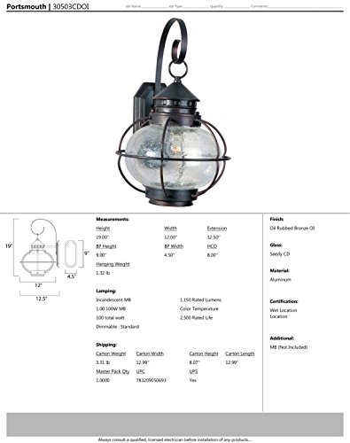 Maxim Lighting 30503CDOI, Portsmouth 1-Light Outdoor Wall Lantern, Oil Rubbed Bronze