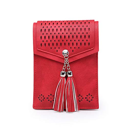 seOSTO Women Small Crossbody Bag, Tassel Cell Phone Purse Wallet (Red(Card Slots))