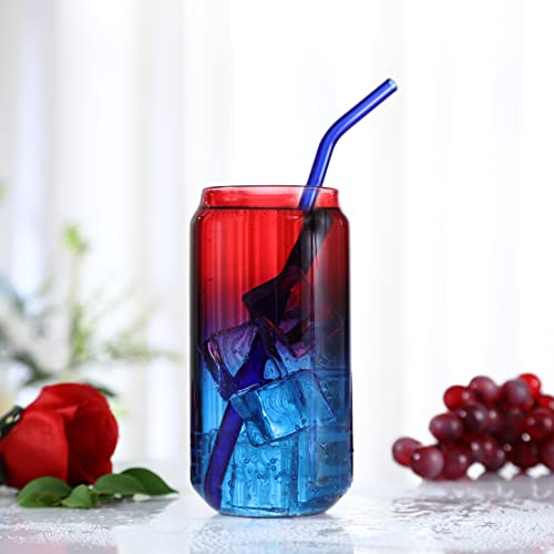 GMWD Set of 4 Red Drinking Glasses with Bamboo Lids and Glass Straw, 16oz Can Shaped Glass Cups Set Tumbler Cup for Coffee Cocktail Beer Whiskey Milky Tea Juice Iced Cream - 2 Cleaning Straw Brushes