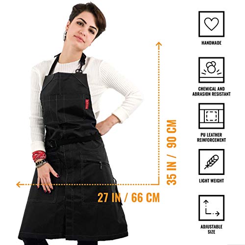 No-Tie Barber Black Apron – Coated Heavy-Duty Nylon, Water and Chemical Resistant, Zipped Pockets, Split-Leg – Adjustable for Men, Women – Pro Hair Stylist, Colorist, Artist, Bartender - Thumbnail 2