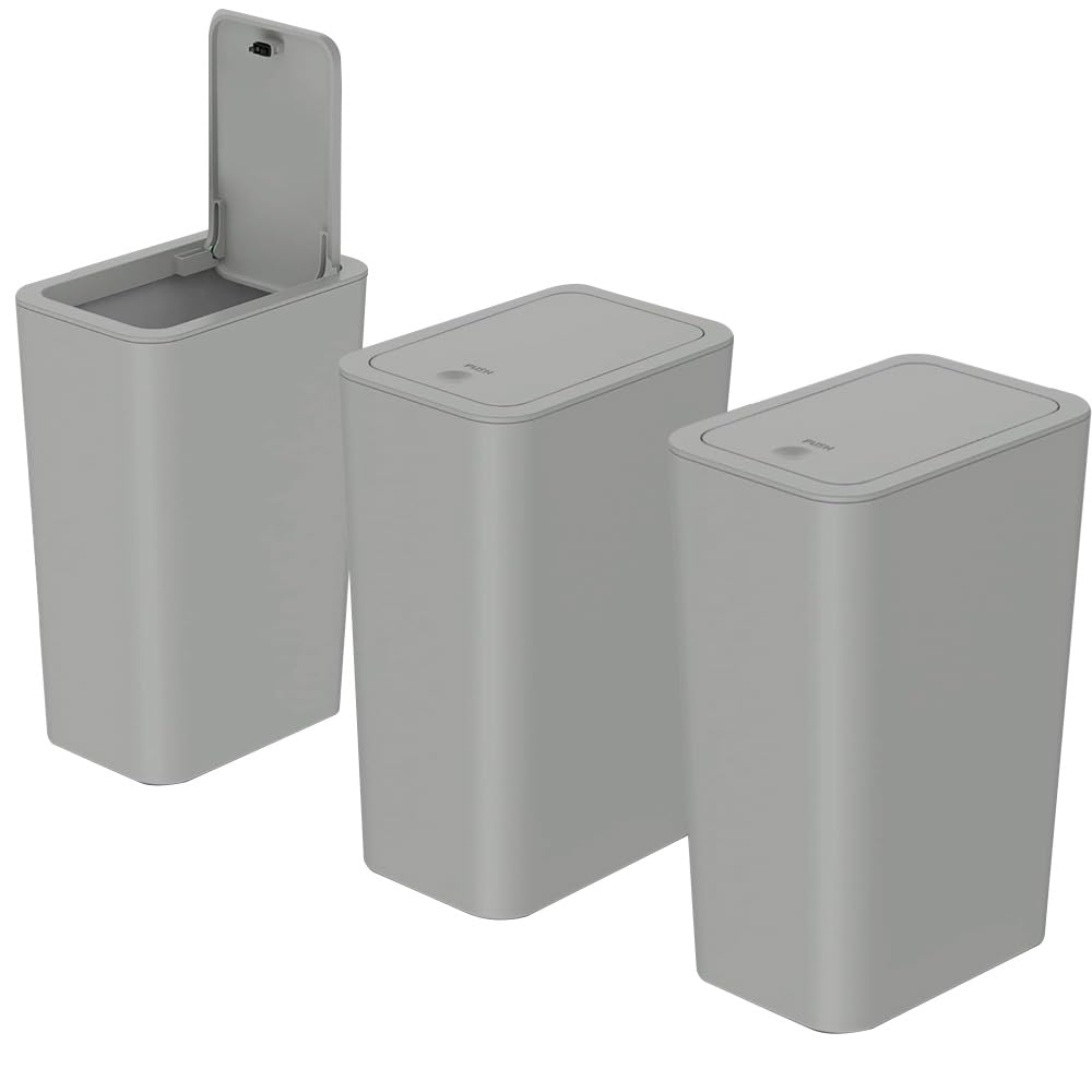 3pcs 9L Slim Dog Proof Bathroom Bin with Lid, Touch Top Toilet Bin for Bedroom, Living Room, Kitchen, Toilet (Grey)