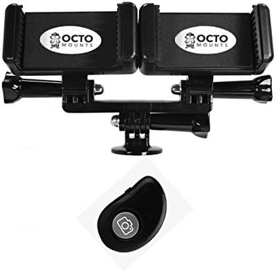 OCTO MOUNT - Dual Cellphone Mount Adapter for Smartphone Tripod or MonoPod and Remote iOS Bluetooth Shutter. Also Works with Sport Cameras Like GoPro.
