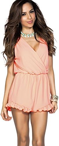 Babe Society Women's Neon Coral Sleeveless V Neck Ruffled Short Romper Large