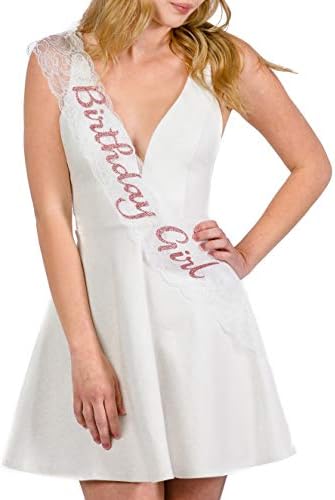Dulcet Downtown White Birthday Girl Lace Sash in Rose Glitter Lettering
