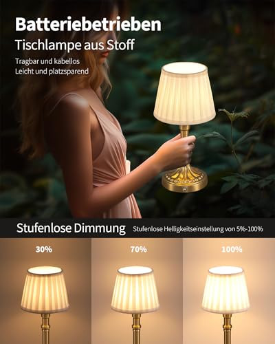 VISDANFO Wireless Table Lamp, LED Fabric Lampshade Small with Battery, Dimmable for Living Room, Dining Room, Bedroom, Bathroom (Bronze)